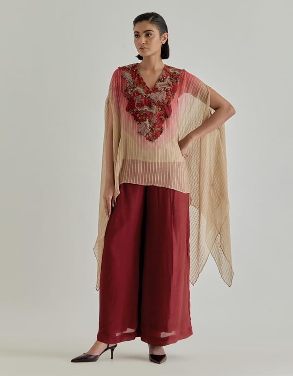 Red With Pink Rosette Nomad Cape With Trouser — Kavita Bhartia