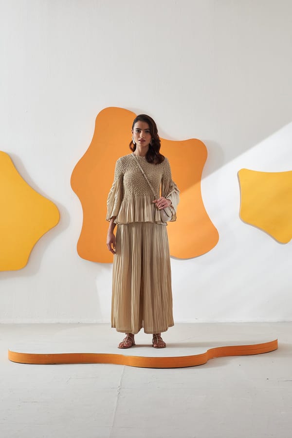 Beige Smocked Peplum Top and Pleated Pants Co-ord Set — Pleats by Aruni