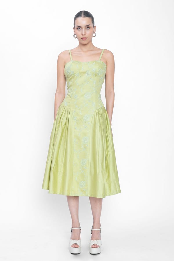 Pistachio Green Corset Midi Dress with Schiffli Bodice — Contemponari