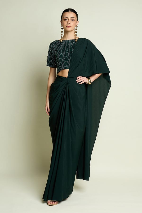 Emerald Pre-Draped Saree With Embellished Blouse — Aakaar