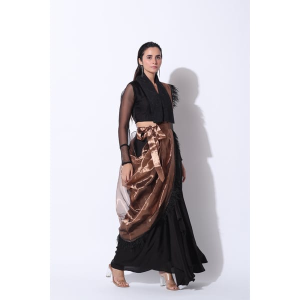 Black Pre-Draped Saree Set with Copper Tissue Drape — The Grey Dot