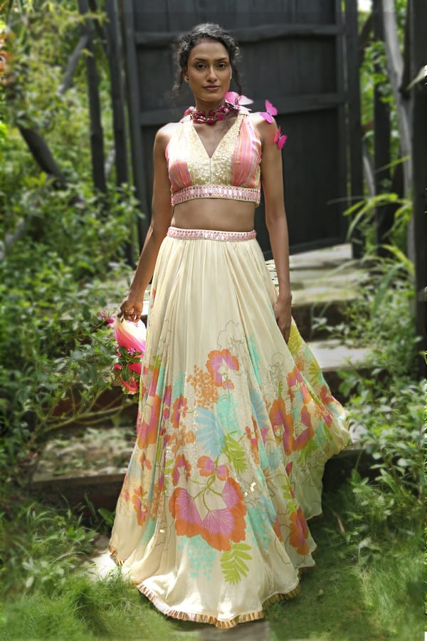 Beige Floral Printed Lehenga Set with Sequin Choli — Basil Leaf