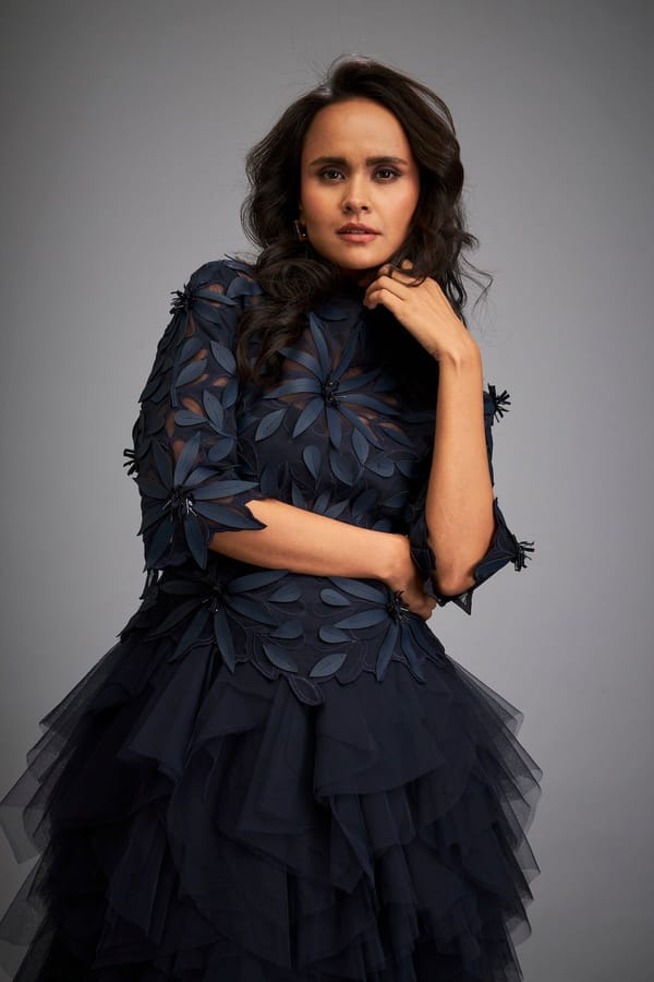 Navy Blue Floral Applique Fit and Flare Knee-Length Dress — Deepika Arora