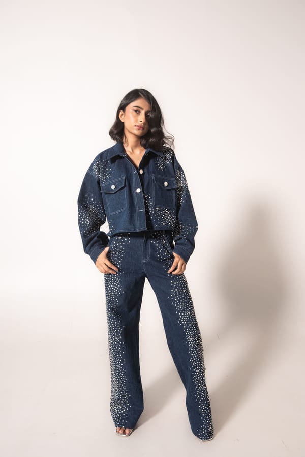 Navy Rhinestone Embellished High-Rise Baggy Jeans — MAGIA
