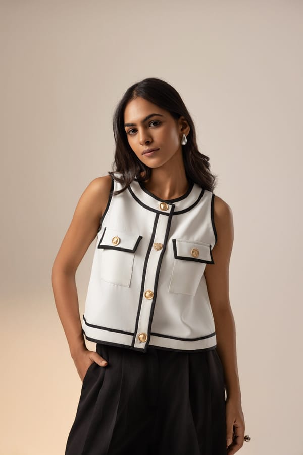 White Crepe Sleeveless A-Line Top with Contrast Piping — Studio MuGu