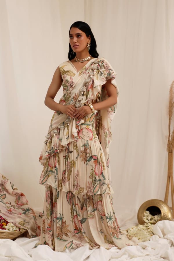 Pale Peach Floral Draped Saree Set with Blouse — Surkh Syahi