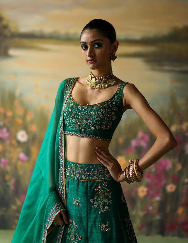 Emerald Green Raw Silk Embroidered Lehenga Set — Shikha Mehta
