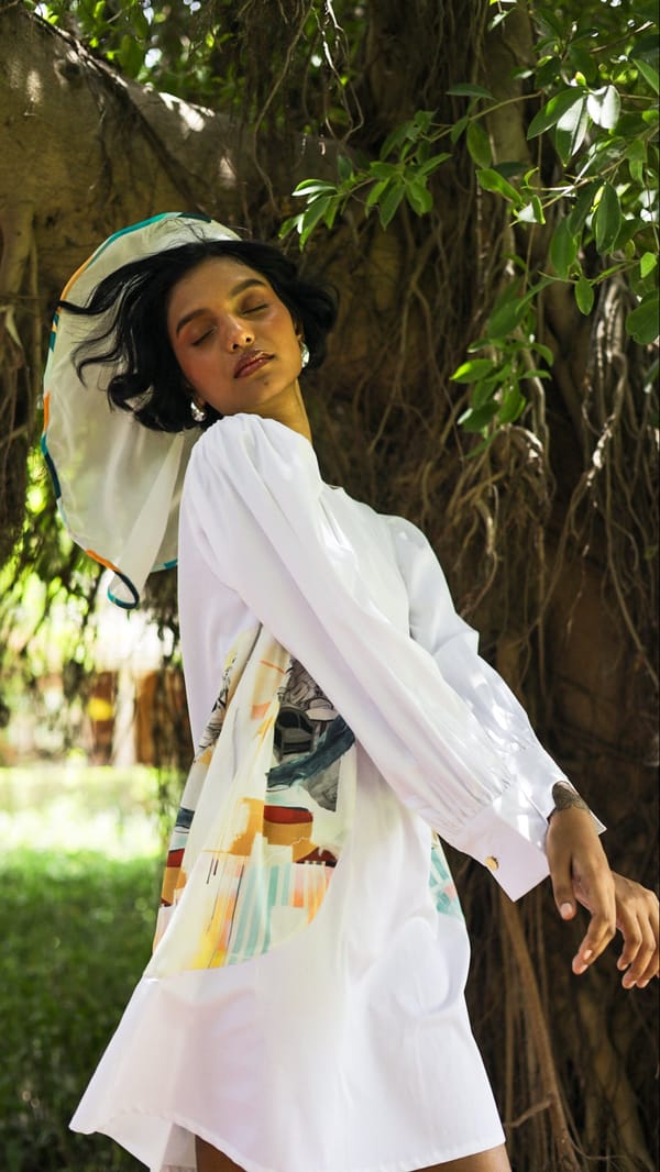 White A-Line Dress with Puff Sleeves and Printed Pockets — ART LOV AFFAIR