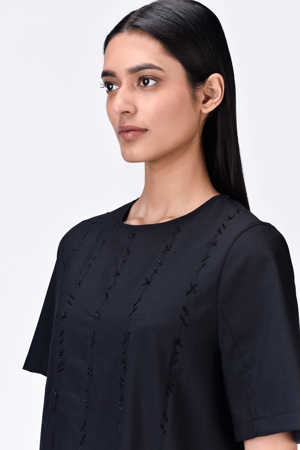 Black Straight-Fit Paneled Dress with Bead Embroidery — Genes Lecoanet Hemant