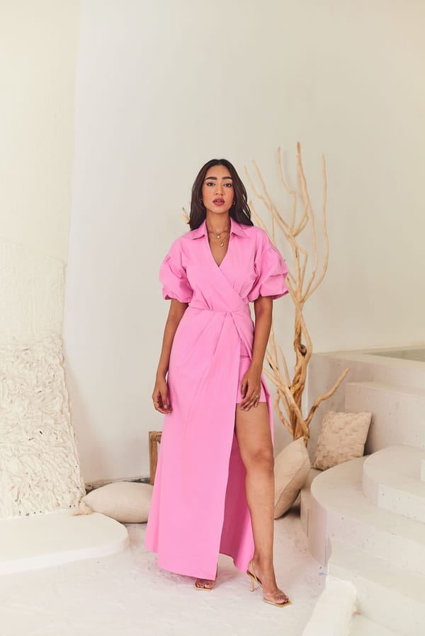 Pink Poplin Wrap-Front Maxi Dress with Front Slit — Urban Suburban