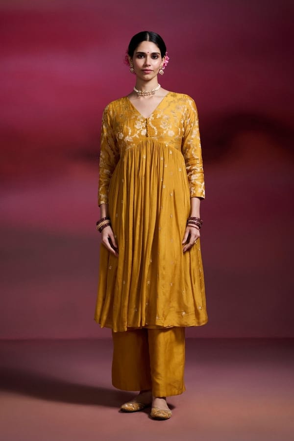 Umrao Mustard Silk Brocade Anarkali Kurta Set — Dressfolk