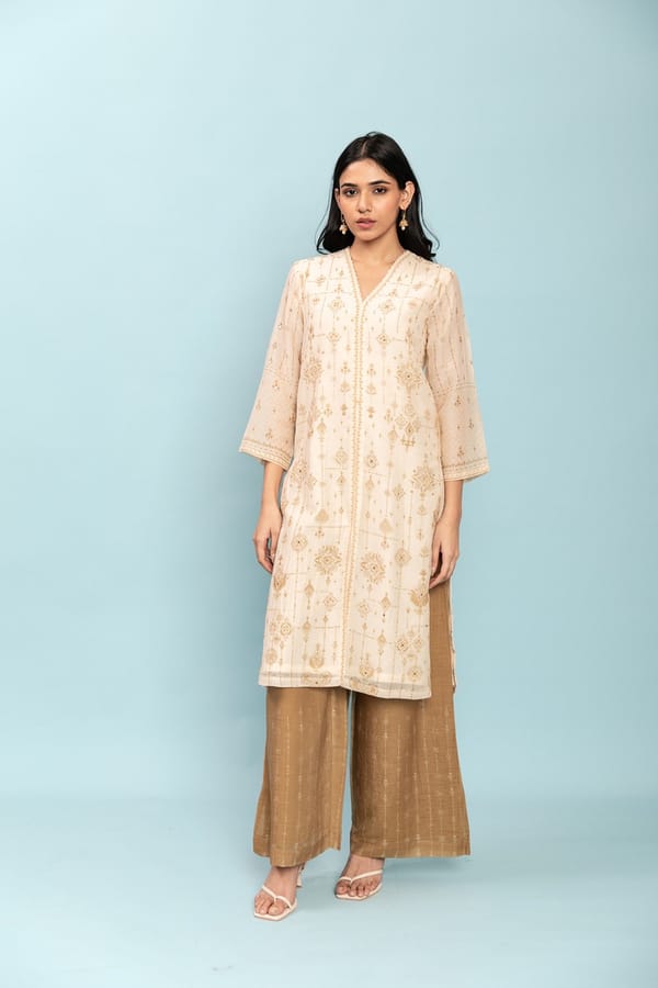 Beige Mul Chanderi Woven Motif Kurta Set with Dupatta — LABEL NAARITI