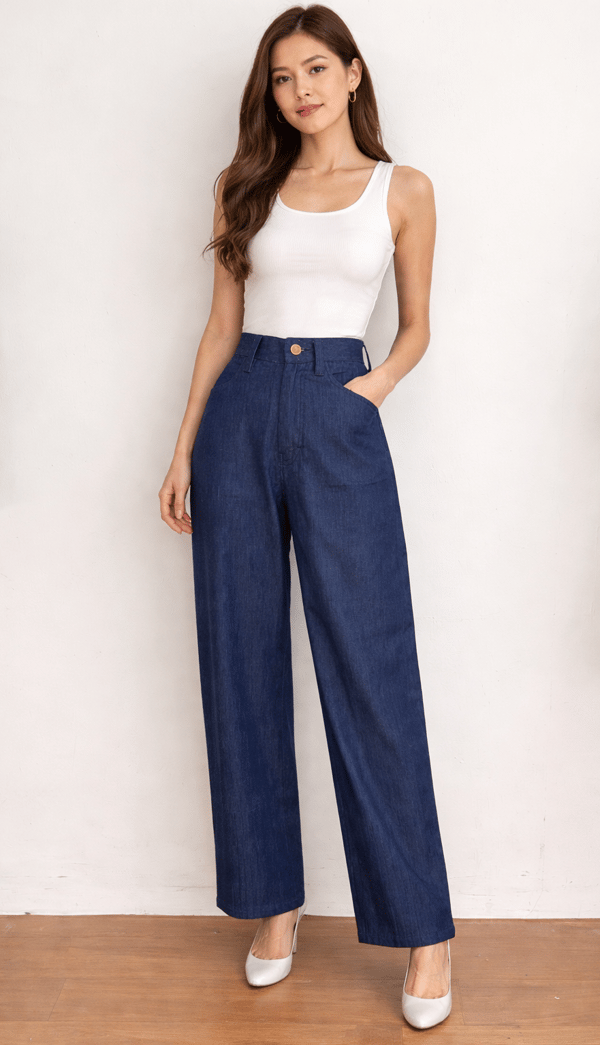 Dark Blue High-Rise Barrel-Leg Denim Trousers — Rhe-Ana