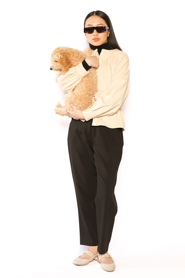 Cream Corduroy Band Collar Jacket with Waist Tie — Contemponari