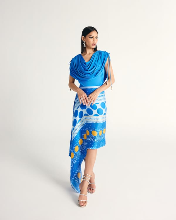 Cowl Neck Top and Printed Wrap Skirt Co-ord Set — Kamaali Pret