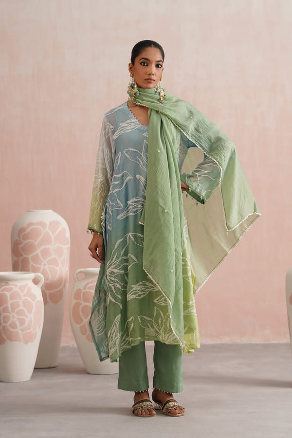Blue Teal Ombre Embroidered Kurta Set with Dupatta — UGNA