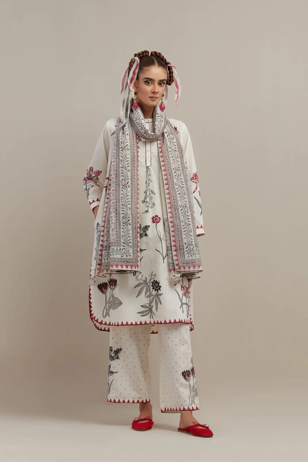 Off-White Floral Printed Straight Cotton Kurta Set with Dupatta — Upavita