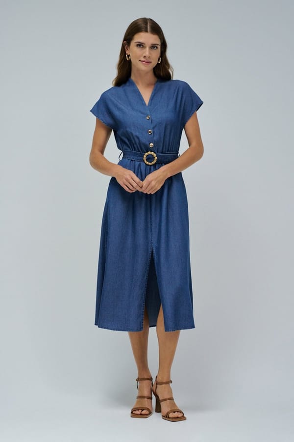 Blue Belted Midi Denim-Look Shirt Dress — SALSA JEANS