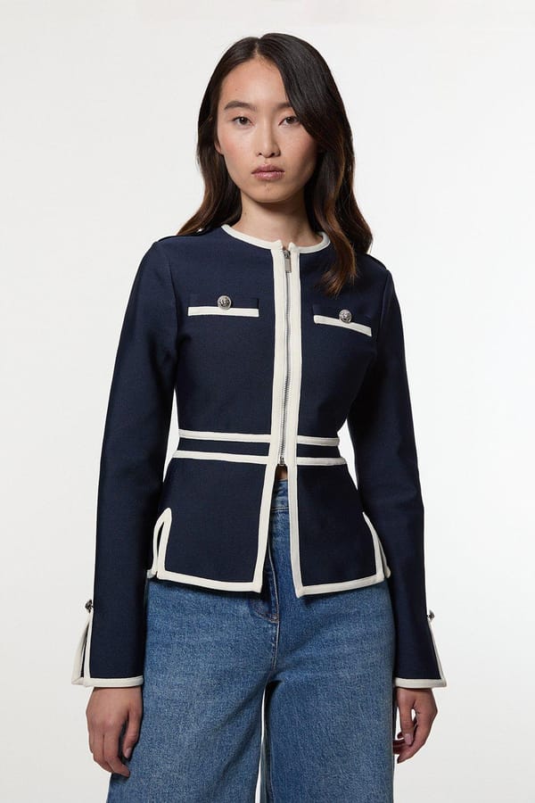 Navy Tailored Zip-Front Jacket with Contrast Trim — KAREN MILLEN