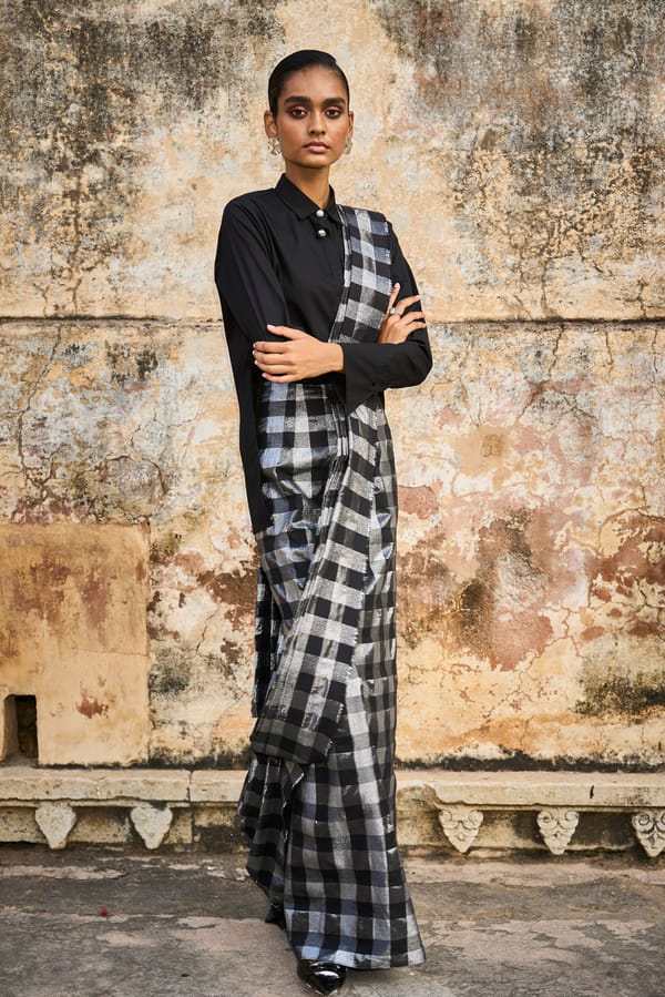 Black Metallic Check Sari Drape Maxi Skirt — Dash and Dot