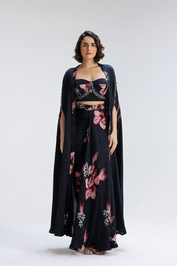 Black Floral Bustier, Draped Maxi Skirt and Shrug Co-ord Set — STUDIO SURBHI