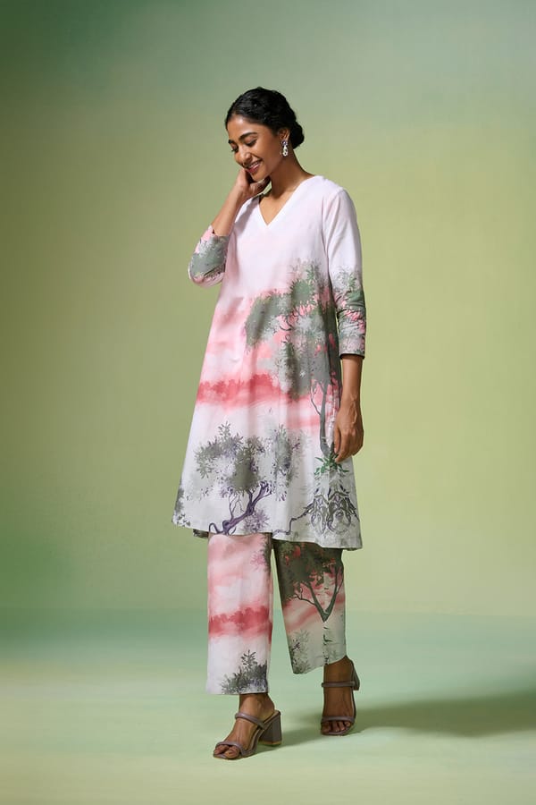 Light Pink Linen-Cotton Art Print Kurta Set — Dressfolk