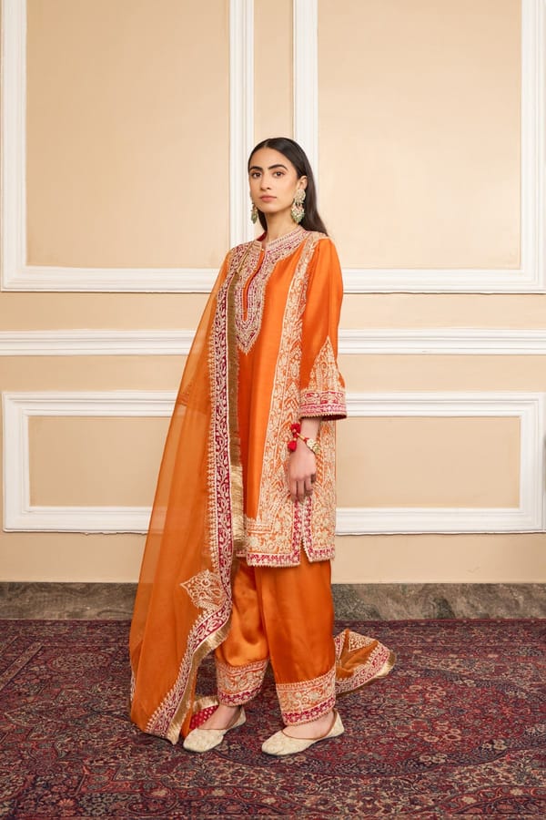Orange Embroidered Short Kurta Set with Salwar and Dupatta — Sheetal Batra