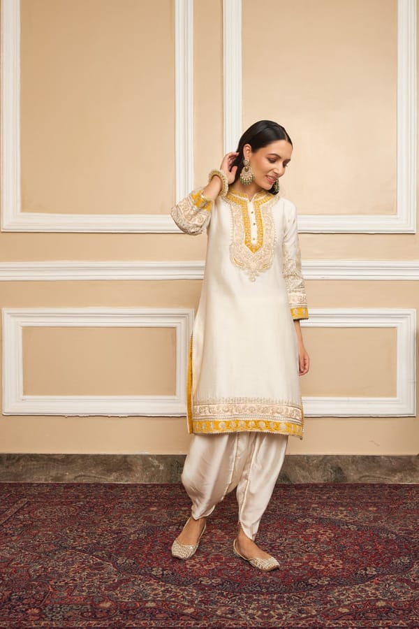 Daisy Ivory Embroidered Straight Kurta Set with Dhoti — Sheetal Batra