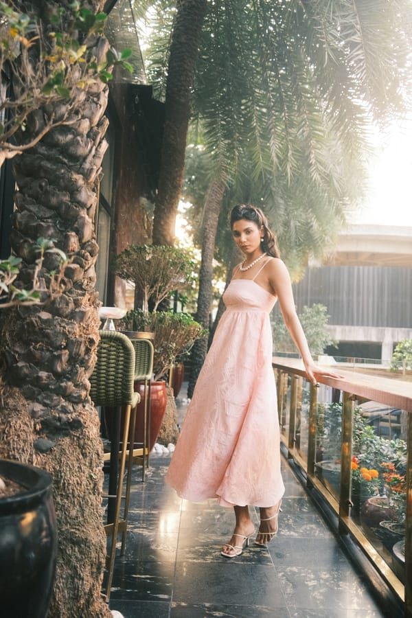Pink Jacquard Organza Fit and Flare Midi Dress — Contemponari
