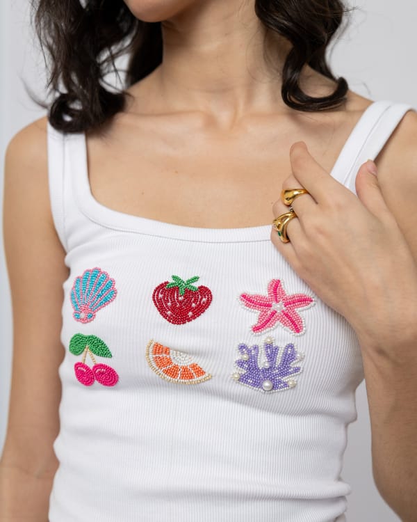 White Ribbed Square-Neck Beaded Motif Tank Top — MAGIA
