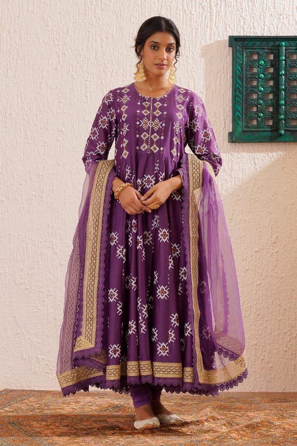Block Printed Anarkali With Churidar & Dupatta — Omi Clothing