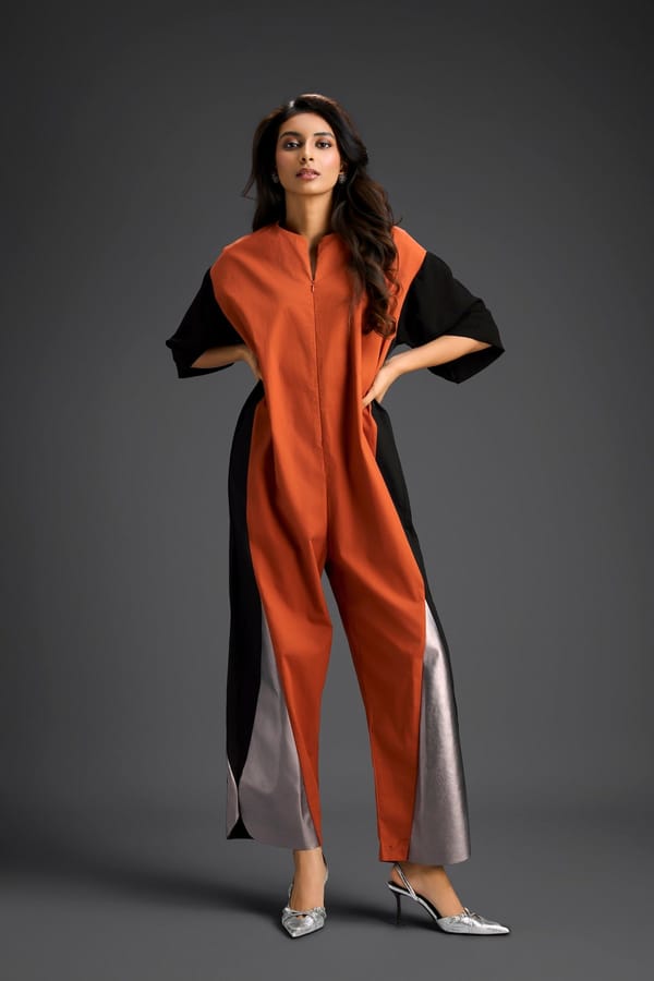 Rust Colorblock Jumpsuit with Metallic Panel Detail — Deepika Arora