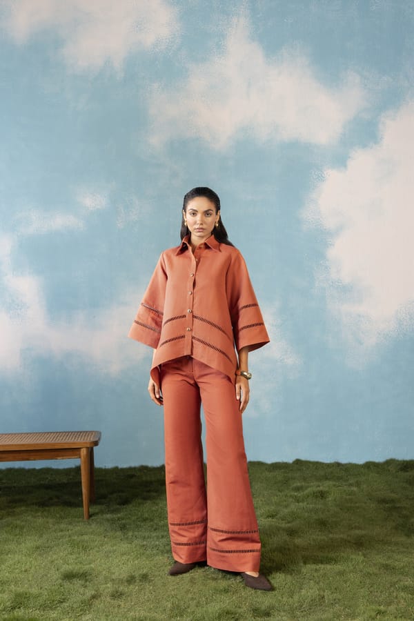 Rust Linen-Blend Shirt and Wide-Leg Trouser Co-ord Set — House of Araish