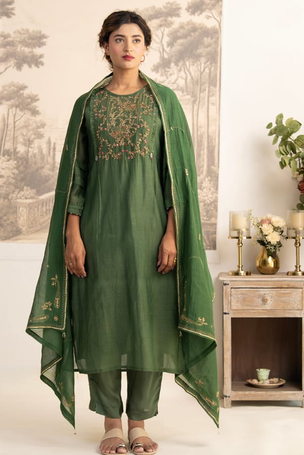 Bottle Green Dabka Yoke Suit Set — Tatwa Designs