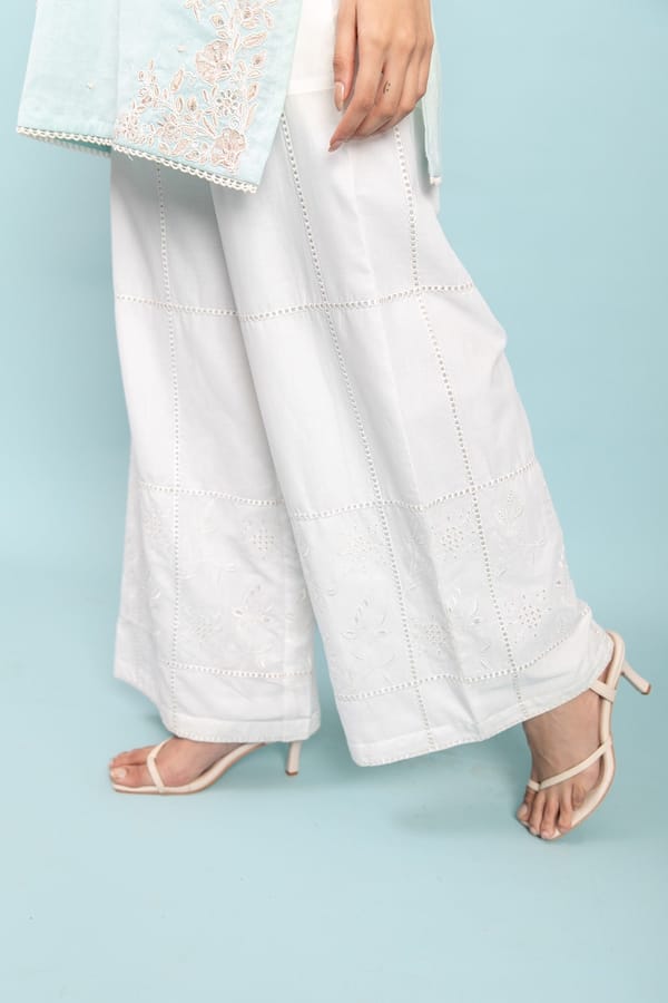 White Cotton Palazzo Trousers with Cutwork Detail — LABEL NAARITI