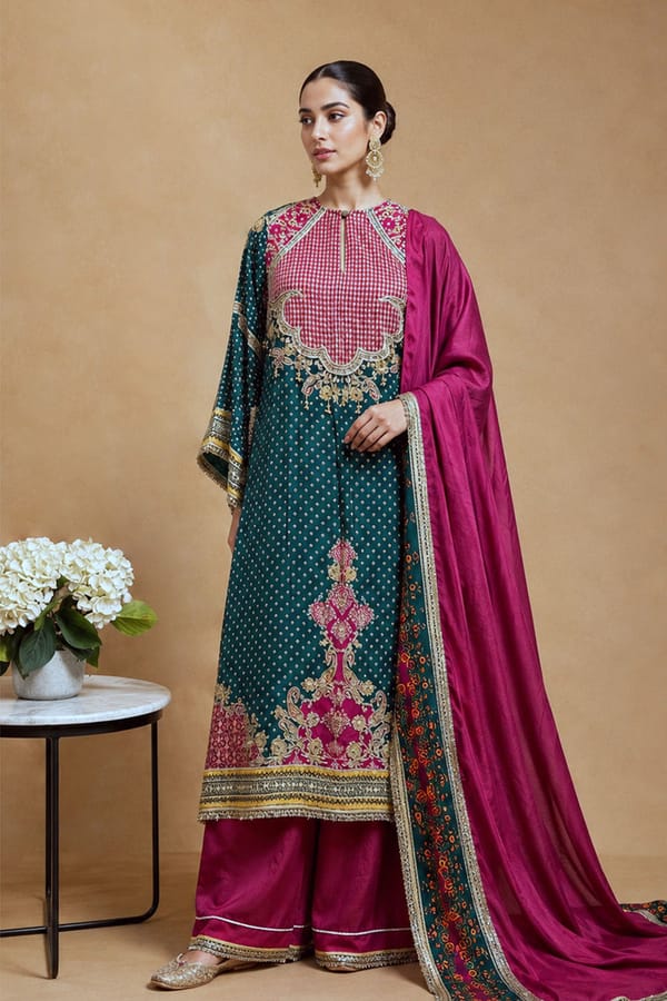 Teal Green Crepe Kurta Palazzo Suit With Magenta Dupatta Detailing — ISHUM By Karan Kapoor