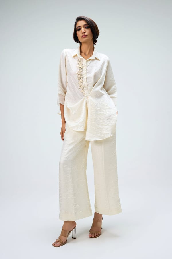 Ivory Embellished Shirt and Wide-Leg Pants Co-ord Set — KOR
