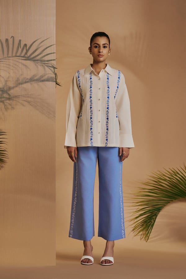 Ivory and Blue Embroidered Shirt and Pant Co-ord Set — Origani