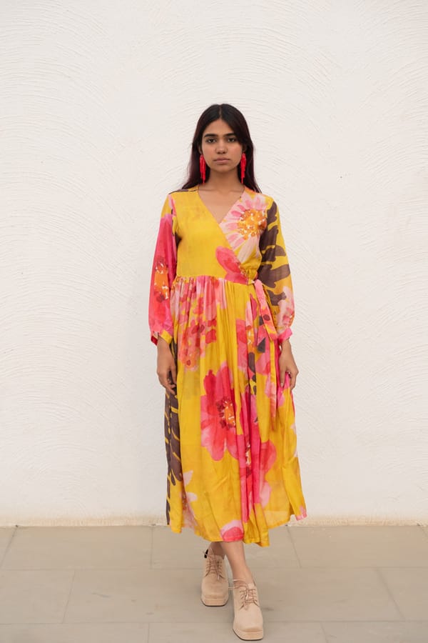 Yellow Floral Silk Voile Wrap Midi Dress — Silai studio