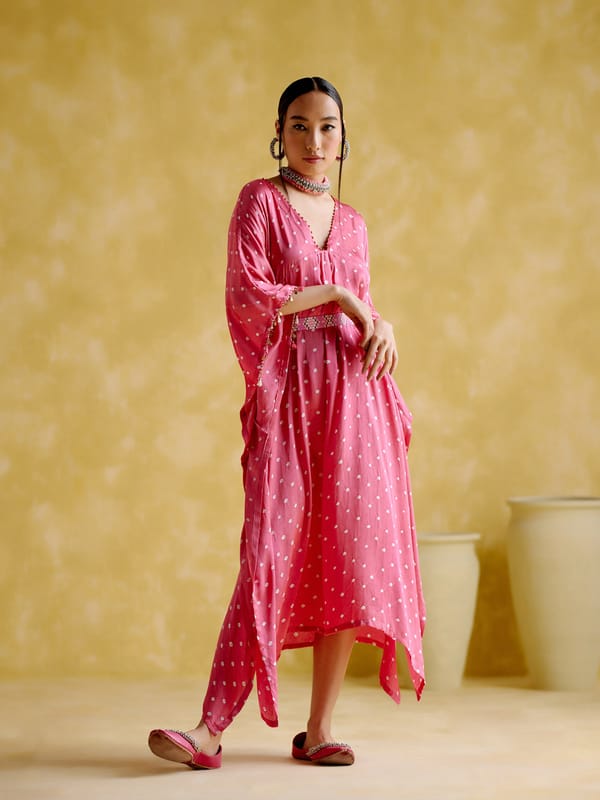 Pink Bandhani Modal Satin Kaftan with Handkerchief Hem — 5 Elements