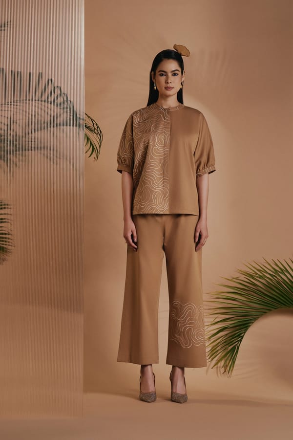Brown Cotton Satin Kimono Top and Wide-Leg Co-ord Set — Origani