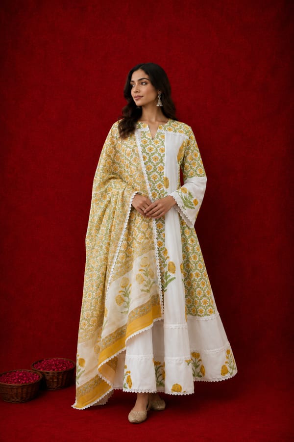 Naseebo Mehreen Block Printed Anarkali Kurta Set — Naseebo