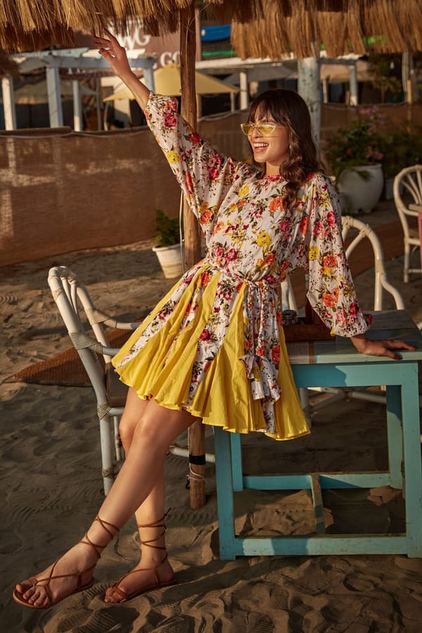 Off-White/Yellow Floral Fit and Flare Mini Dress — BOHO-CHIC