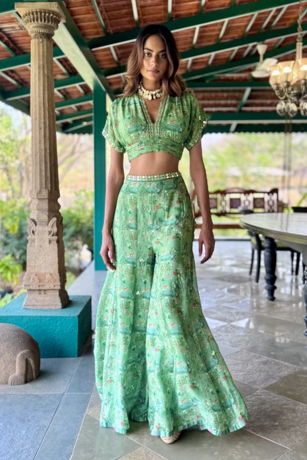 Mint Chiffon Printed Crop Top and Flared Pants Co-ord Set — Basil Leaf