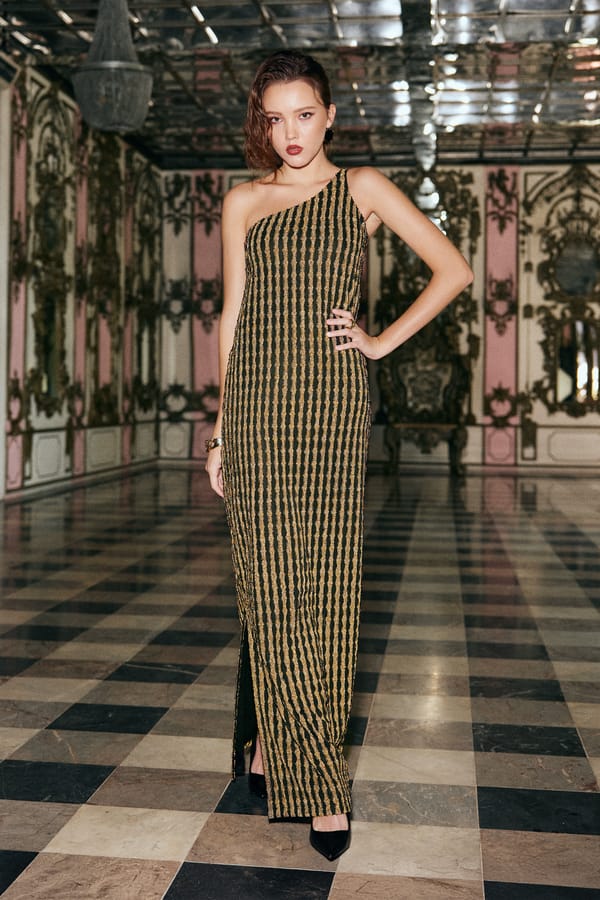 Black and Gold One-Shoulder Metallic Striped Maxi Gown — Dash and Dot