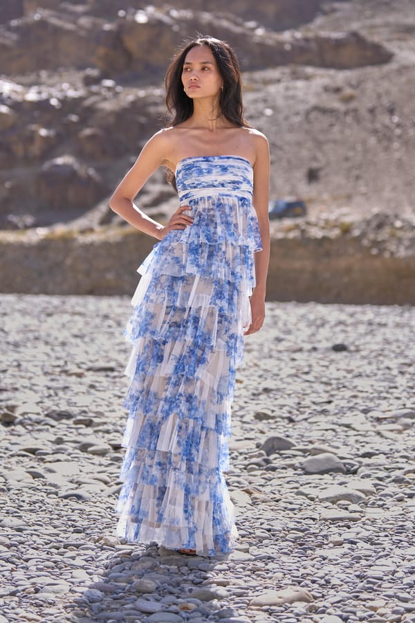 Blue and White Floral Tiered Maxi Gown — Dash and Dot