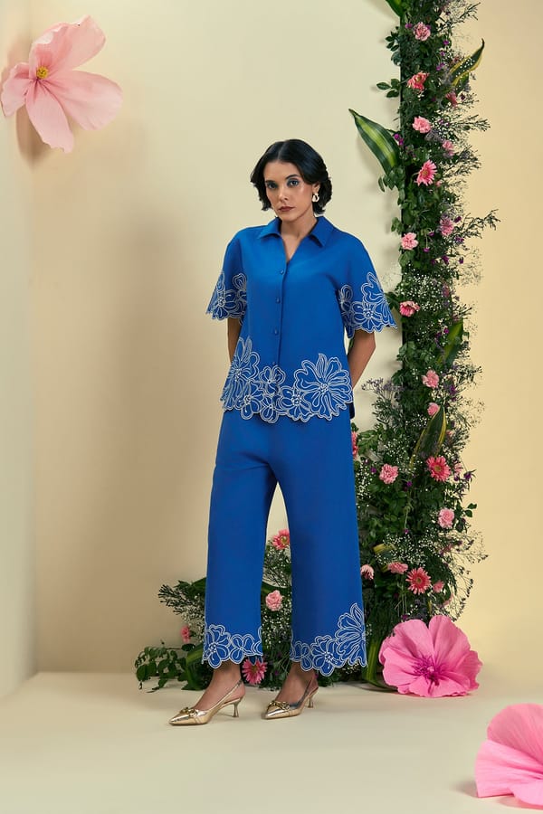 Blue Linen Blend Embroidered Cutwork Co-ord Set — Origani