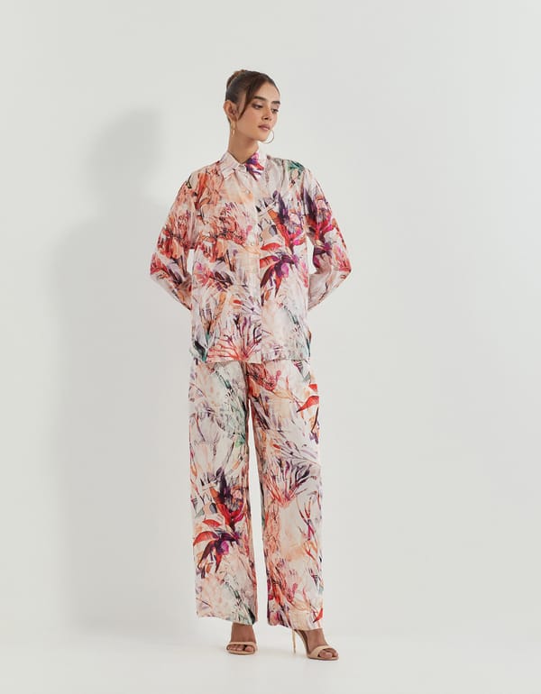 Pink Modal Silk Printed Shirt and Wide-Leg Pants Co-ord Set — Kavita Bhartia