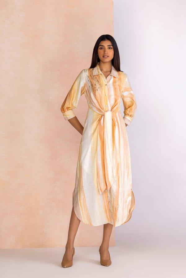 Rainbow Printed Linen-Blend Midi Shirt Dress with Waist Tie — Kaveri