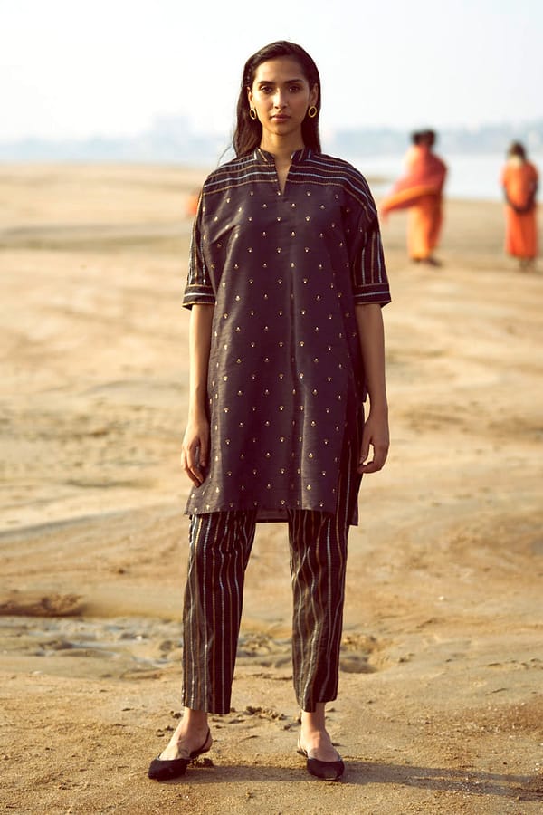 Black Metallic Stripe Brocade Straight-Leg Trousers — Dash and Dot